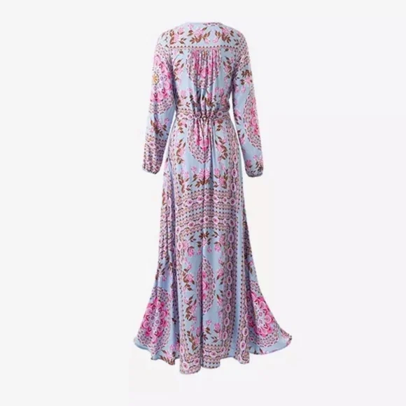 SOLD OUT Blue Floral Bohemian Long Button Up Maxi Dress - Picture 6 of 6